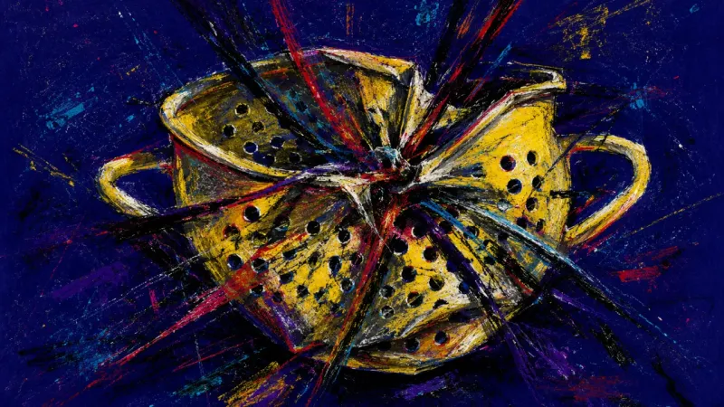 Choked Openings A crushed colander tangled in chaotic marks, representing hypervigilance, overexposure, and loss o
