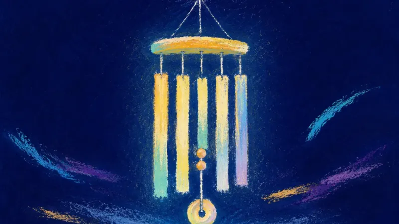 Open Rhythm A restored wind chime with evenly spaced bars, representing a calmer relationship with energy, rhyth