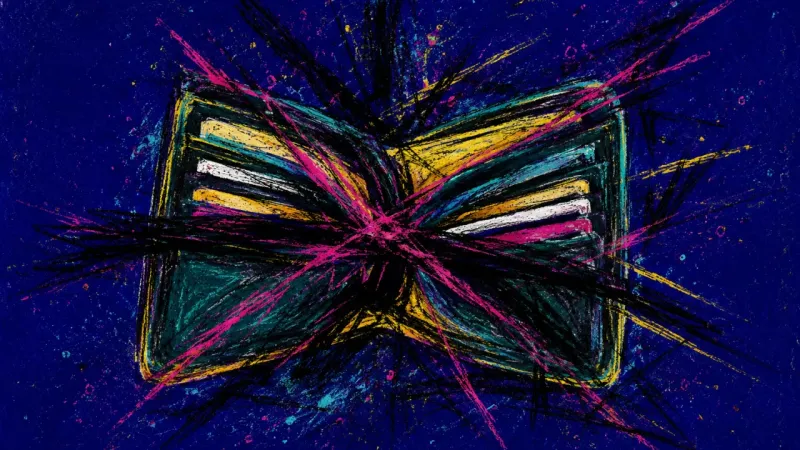 A warped wallet caught in knotted pressure lines, representing money-boundary avoidance and the res