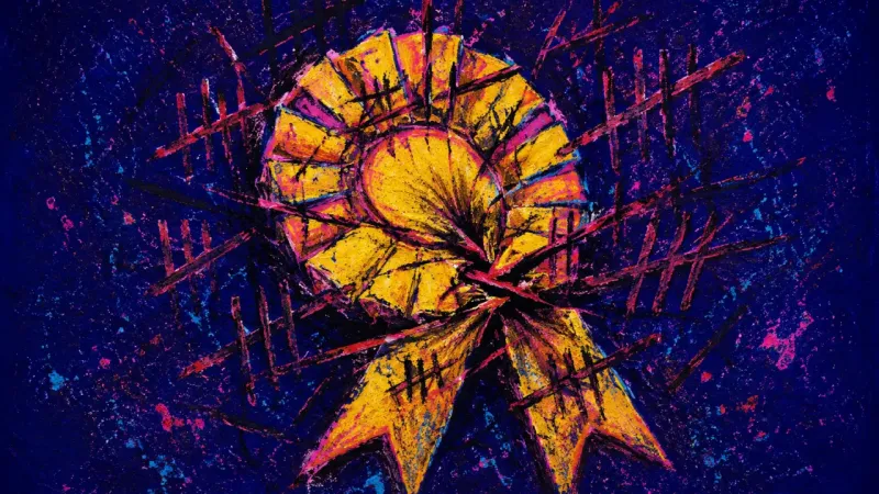 Crushed Merit An award ribbon warped and bound by harsh marks, representing self-worth trapped in constant g