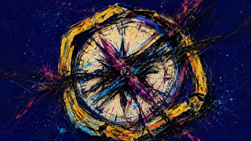 Broken Bearing A distorted compass trapped in crossed lines, representing perfectionism, deadline paralysis, and f