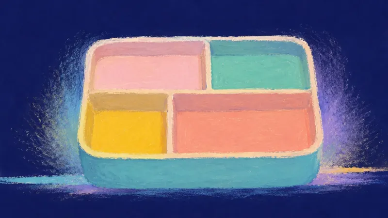 Capacity Reclaimed A bento box with clean separate compartments and smooth dividers, expressing healthy boundaries and