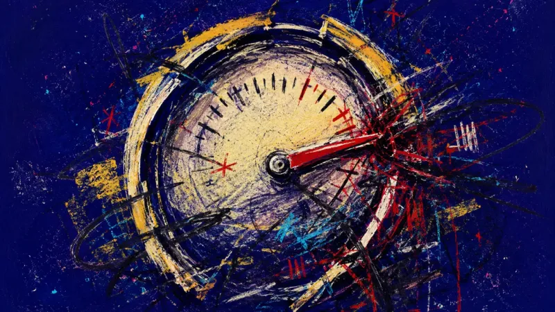 Pinned to Proof An abstract gauge jammed by chaotic marks, representing tracker perfectionism, self-surveillance, a