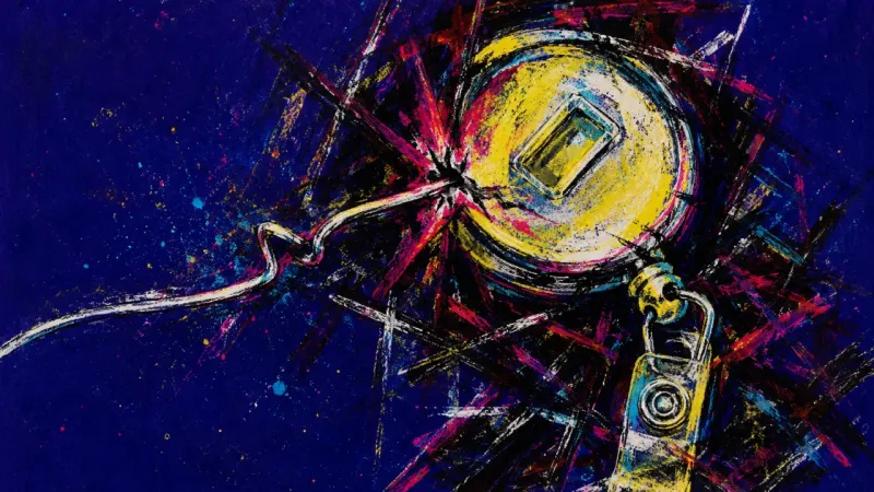 Forced Access A distorted badge reel tangled in harsh lines, showing the stress of unwanted responsibility and an