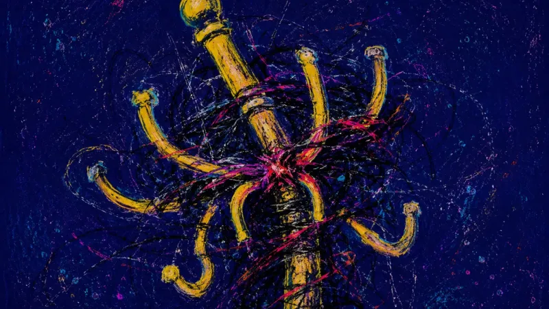 An abstract coat rack buckles under chaotic pressure, expressing guilt, over-responsibility, and the