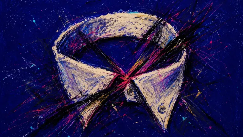 Pinned at the Throat A shirt collar twisted shut by dense crossing lines, expressing the pressure of swallowing a boun