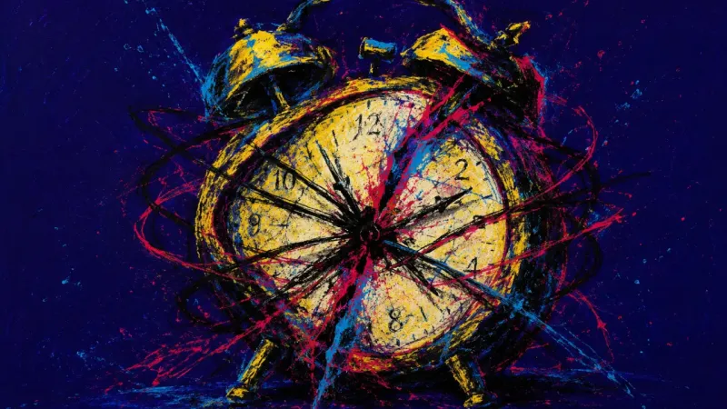Warped Alarm An alarm clock twisted into disorder and crossed by frantic marks, representing late-night work hyp