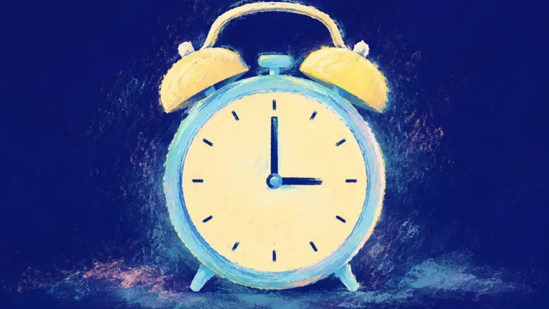 Measured Hours An alarm clock restored to a balanced shape, representing clear work limits, steadier sleep, and a