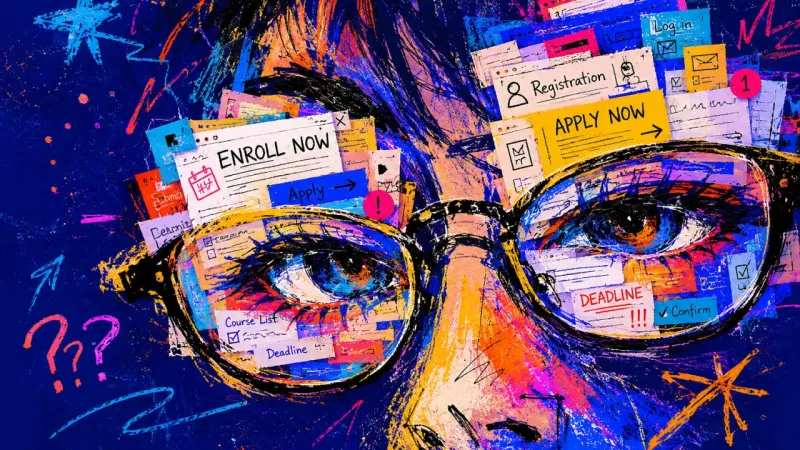 Second Set of Eyes A pair of glasses crowded with repeated enrollment pages during a late-night struggle to choose from