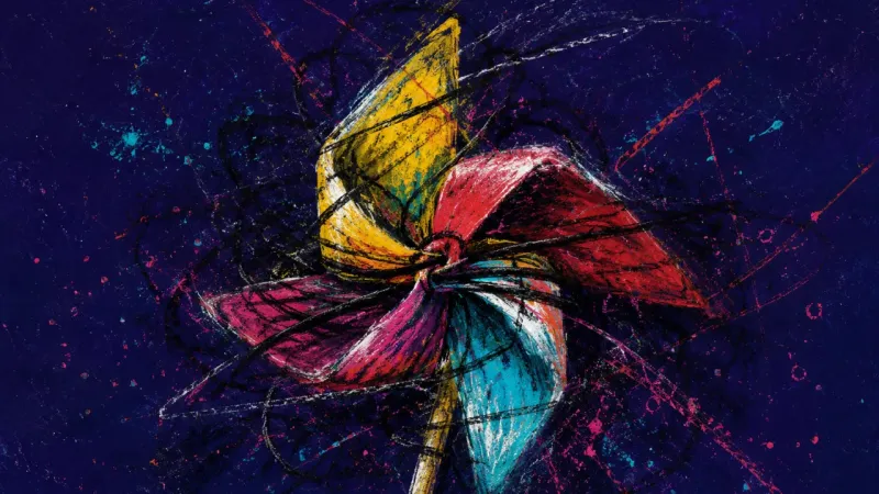 Seized Spin A pinwheel crushed into a jammed spiral by chaotic lines, representing overanalysis, self-doubt, an