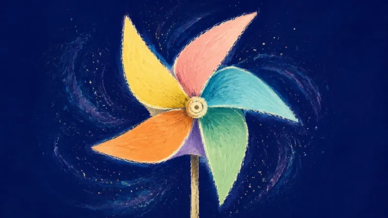 Steady Turn A pinwheel restored to evenly opened blades and a stable center, representing integration, self-tr