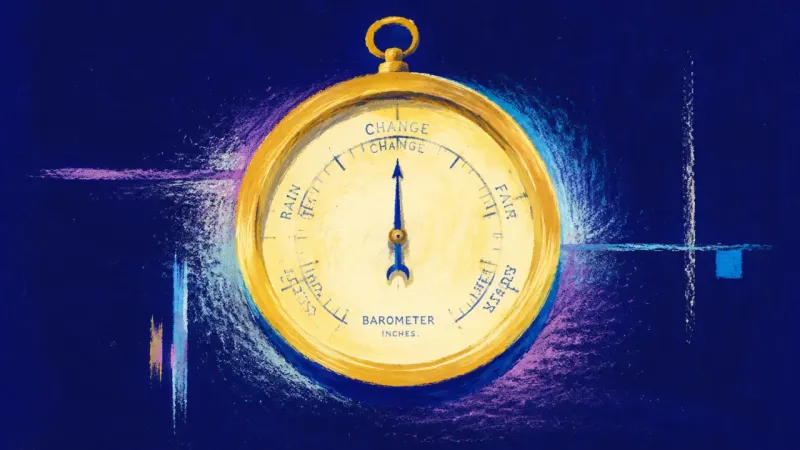 Quiet Measure A restored barometer with a steady needle, representing a bank balance understood as neutral data и?