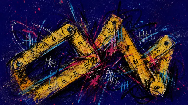 A folding ruler collapsed into jagged angles, representing hurt, overthinking, and self-erasure a