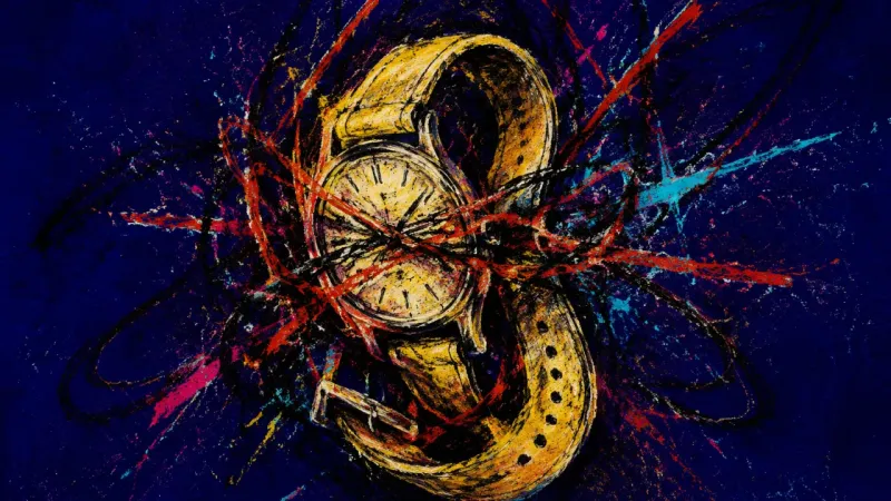 Held by Time A warped watch snarled by chaotic lines, symbolizing how delayed replies become a measure of self-w