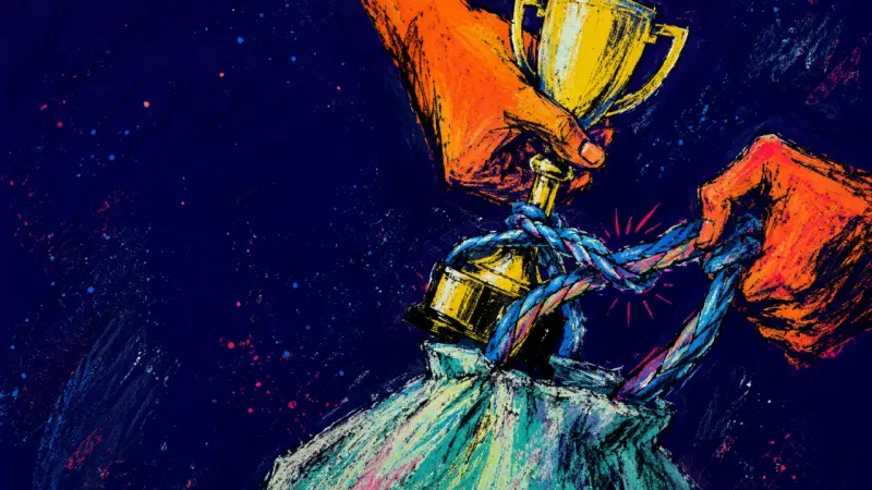Held for Verdict A childhood trophy is held back while a donation bag is twisted shut, capturing guilt and indecision