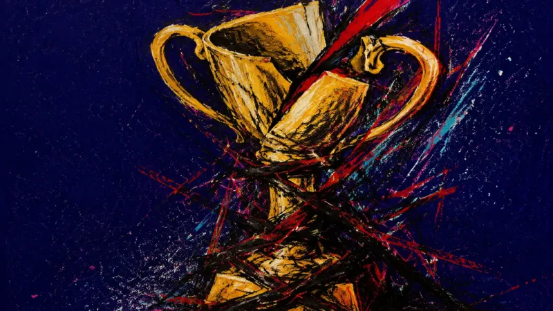 Proof Under Pressure A warped trophy tangled in chaotic marks, showing guilt, overload, and decision paralysis while let