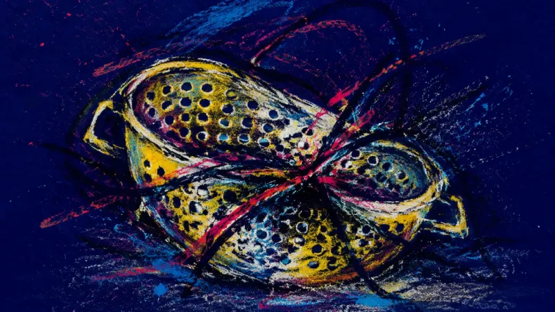 Choked Filter A warped colander choked by chaotic marks, representing decision overload and fear of surprise
