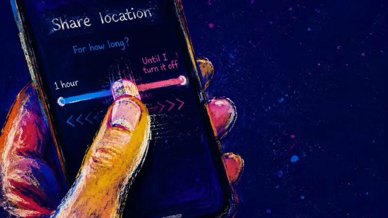 The Unchosen Window A hand drags a phone’s location-sharing timer between a short window and indefinite access, showing