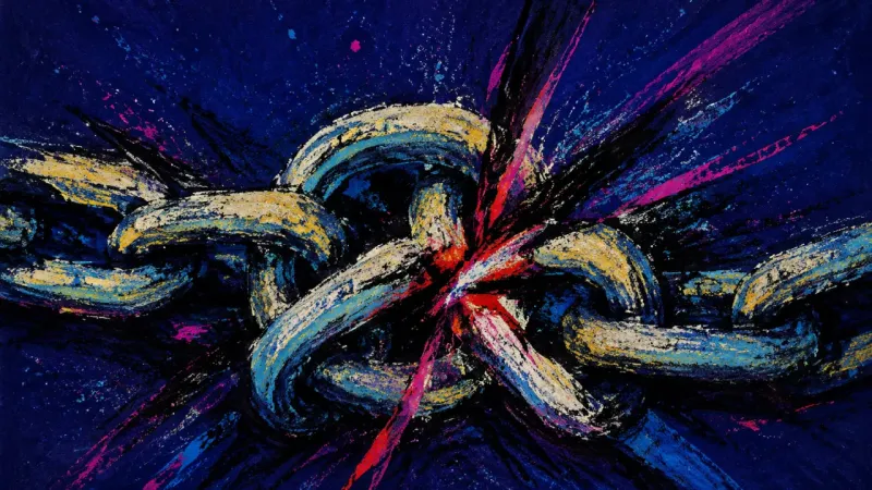 A chain knotted into a tight snarl, representing decision paralysis, deadline pressure, and the coll