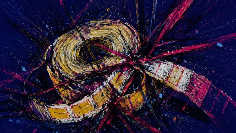 Unclaimed Loop A warped label roll tangled into itself, expressing impostor syndrome as social identity collapses i