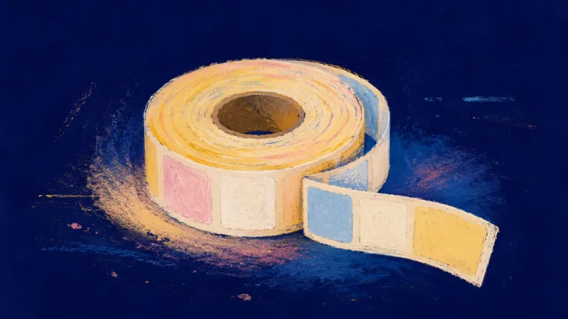 Quiet Claim A label roll opened into a clear, steady coil, reflecting a simpler sense of belonging and calmer p