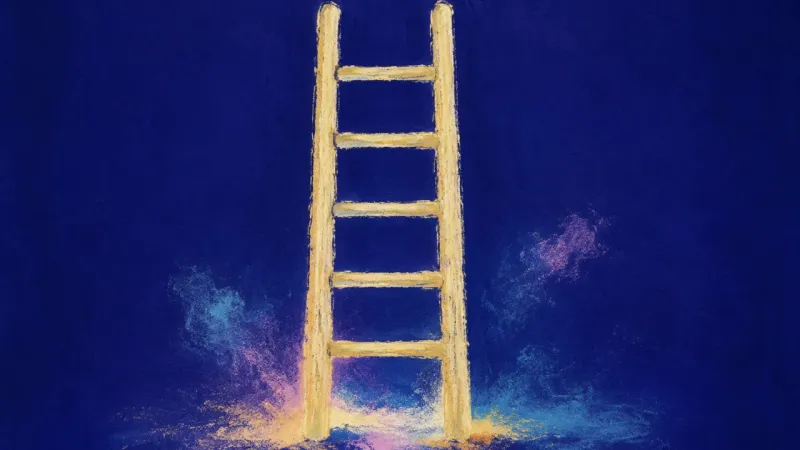 Steady Ascent A restored ladder with even rungs and open spacing, symbolizing self-trust, clear choice, and moving
