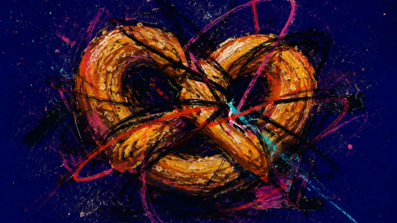 An abstract representation of people-pleasing, where a pretzel knots into crowded loops and carries