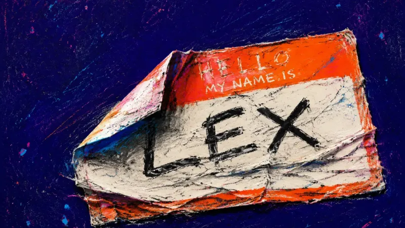 A peeled and re-stuck name label buckled over an old nickname, symbolizing the strain of asking thei