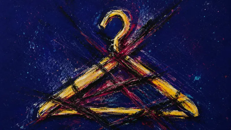 A warped hanger trapped in chaotic lines, representing the pressure to shrink back into an outdated