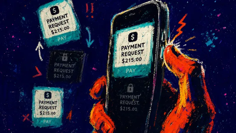 The Hover Loop A hand repeatedly waking and darkening a phone with a payment request still open, symbolizing guilt,