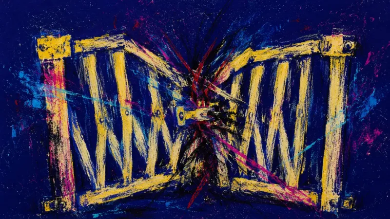Collapsed Gate An abstract baby gate crushed into tangled disorder, representing guilt, pressure, and blurred money