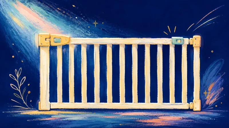 Steady Gate An abstract baby gate restored to an even, stable form, representing calm limits, fairness, and self