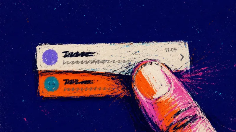 Unread Between Them A thumb swipes one unopened message preview aside to reveal another beneath it, mirroring dating ind
