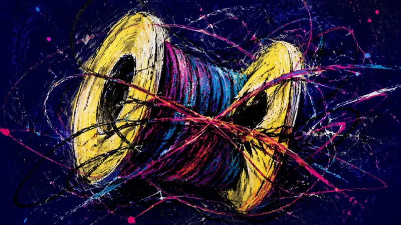 Spool Under Strain A warped spool tangled in looping lines, symbolizing dating choice paralysis, mental overload, and