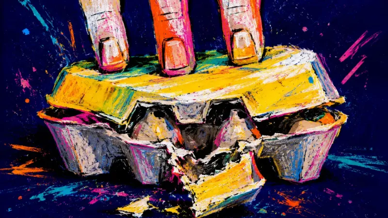 False Empty Three tense fingers crush a half-open egg carton, symbolizing how a rent hike can reactivate an old,