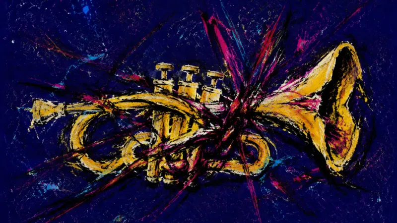 A trumpet form crushed and tangled into blockage, representing the struggle to voice personal truth.