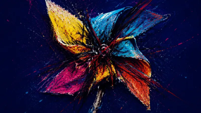 Jammed Rotation A pinwheel crushed and trapped in tangled lines, representing burnout and choice paralysis from life
