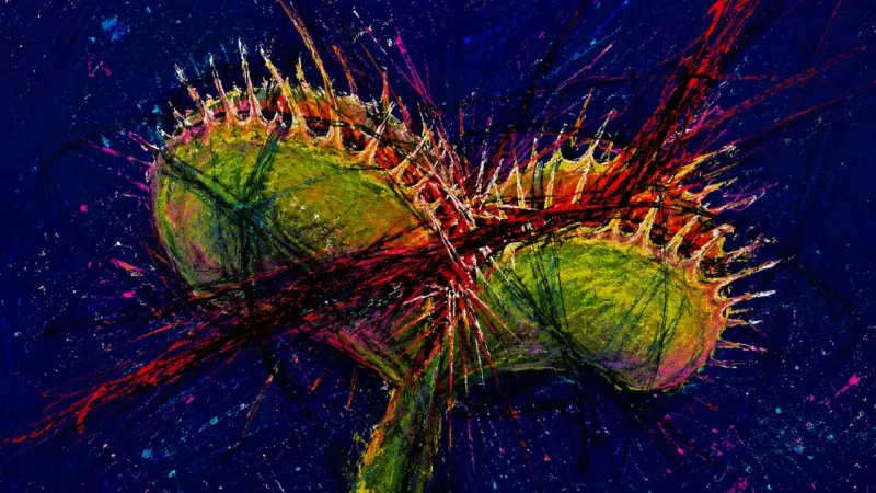 Snap Reflex A venus flytrap clenched into a distorted knot, expressing attachment panic, catastrophic thinking,