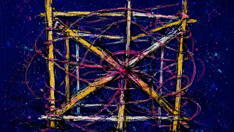 Framework Under Strain A scaffold buckled by tangled pressure, representing career choice paralysis, mental overload, and