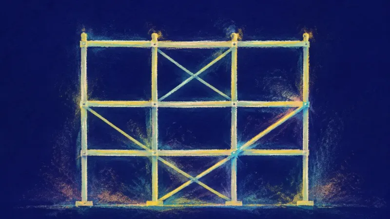 Framework Regained A scaffold restored to balanced order, representing a career decision shaped by structure, self-tru