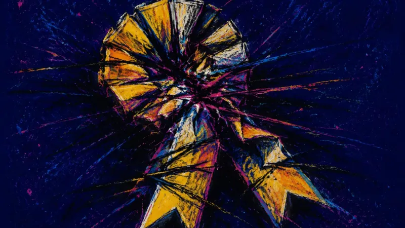 A warped award rosette bound by chaotic marks, representing imposter syndrome, overcorrection, and t