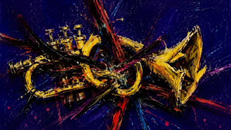 Choked Call An abstract trumpet crushed into tangled loops, representing perfectionism, fear of judgment, and