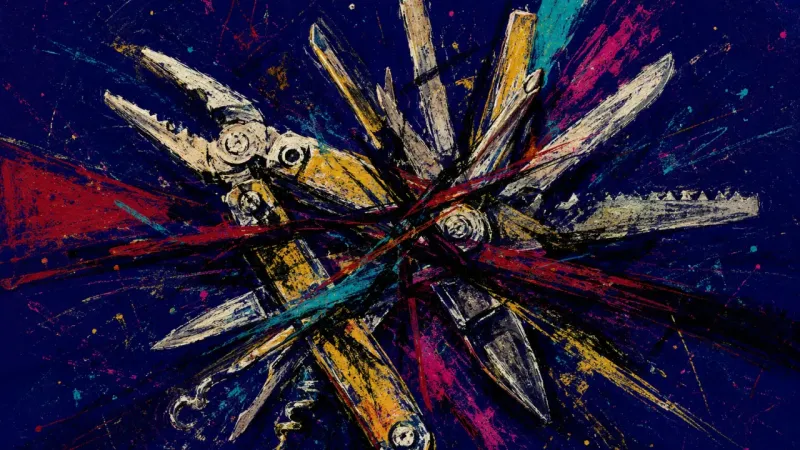 Jammed Open An abstract visual of digital overwhelm, with a multitool forced open in every direction to express