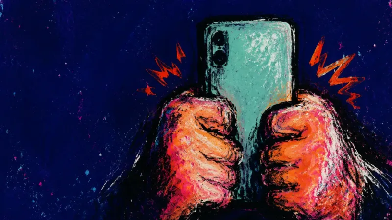 Mute Reflex Hands lock a phone between the palms with both thumbs folded inward, capturing the numb freeze thatf