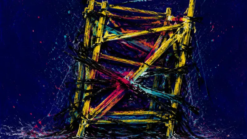 Framework Under Siege A scaffold crushed into disorder and wrapped in harsh lines, representing imposter syndrome, over-re