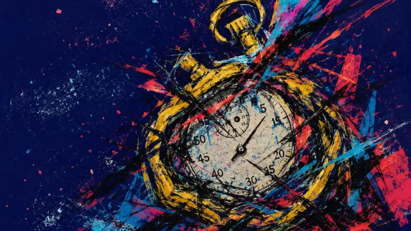 A warped stopwatch trapped in chaotic crossings, representing test anxiety, overcontrol, and a mind
