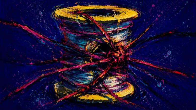 Knotted Script An abstract spool tangled past order, expressing catastrophic thinking, urgency, and collapsing self