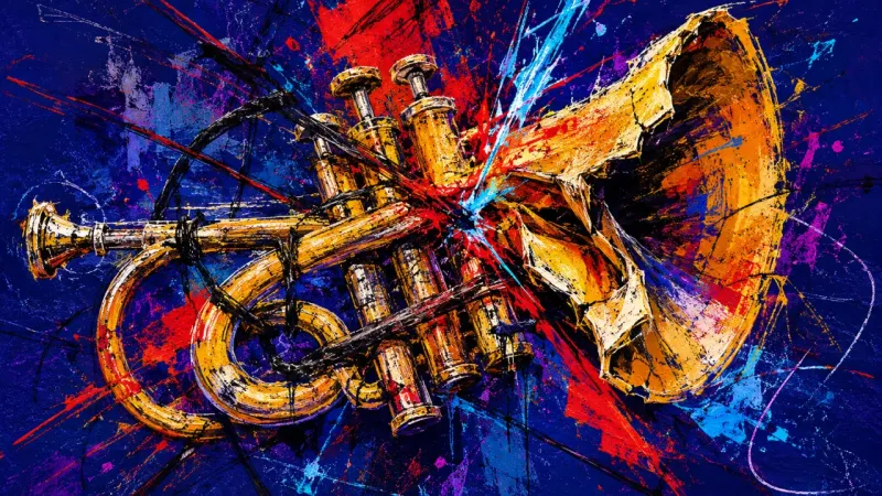 A distorted trumpet tangled in pressure, representing Slack-triggered performance anxiety, compulsi