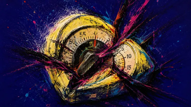 False Alarm A warped kitchen timer trapped in chaotic marks, representing friendship anxiety that treats one vag