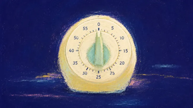 Measured Return A restored kitchen timer with a balanced face, representing calm context-seeking and steadier self-d